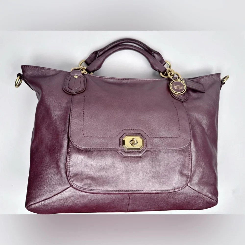 Coach Campbell Turnlock Leather Large Satchel Bag in Pearlized Plum/Brass